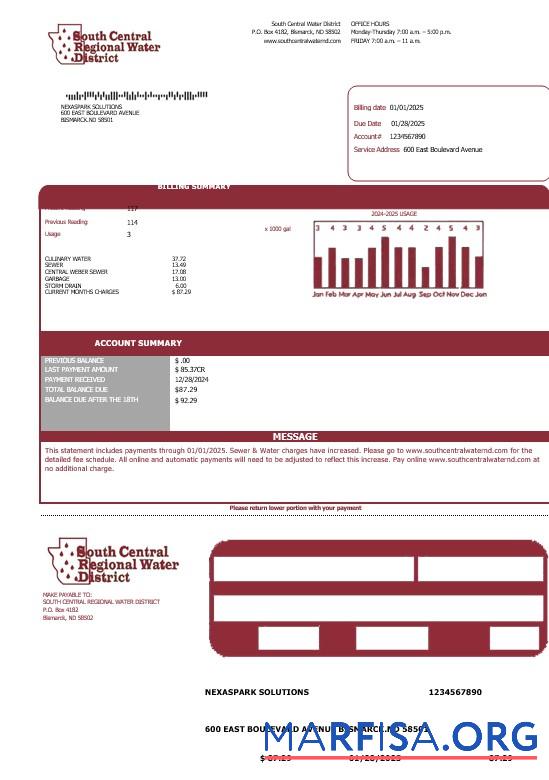 Downloadable USA North Dakota South Central Regional Water District business utility bill template in Word and PDF formats